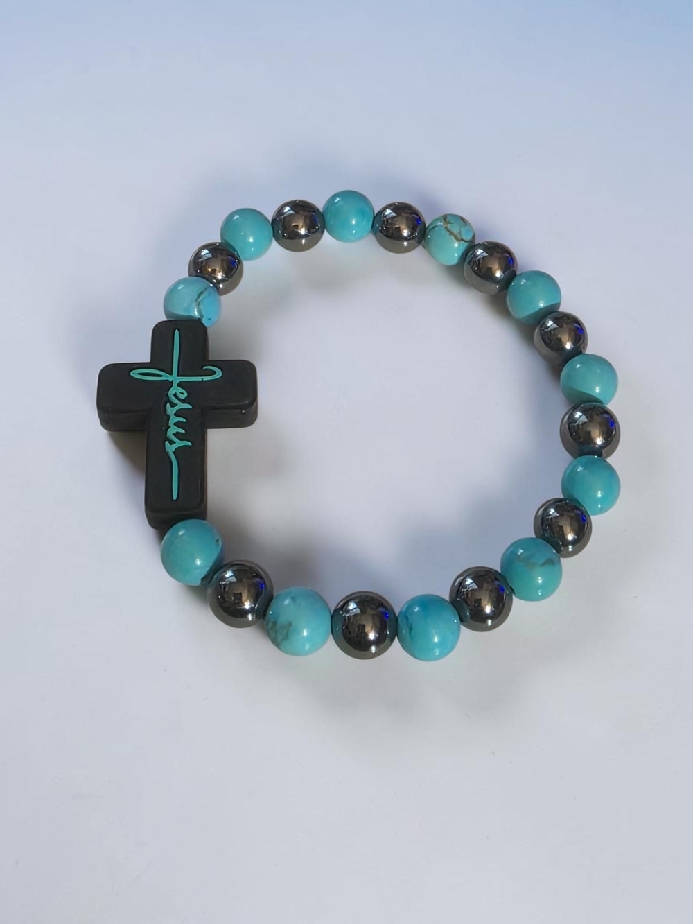 Style & Stone Turquoise Hematite Stretch Bracelet Jesus Cross